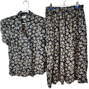 Vintage 80s Floral Set Women Medium Black Button Blouse Top Midi Skirt Formal 10